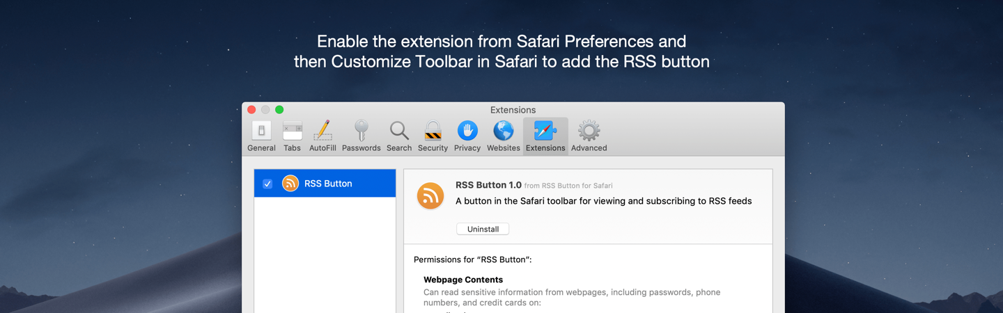 Enable the extension from Safari Preferences and then Customize Toolbar in Safari to add the RSS button